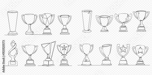 Set of hand-drawn trophy cups, awards, and victory prizes in continuous line art style, celebrating success and achievement.