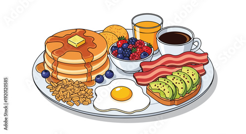 Vibrant Illustrated Breakfast Platter: Pancakes, Bacon, Eggs, and Fresh Fruits for a Perfect Start to the Day