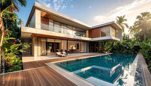 A stunning modern tropical villa with expansive glass walls overlooks a shimmering infinity pool, reflecting warm sunset hues. Lush palms, sleek wood decks, open terraces create a serene luxury escape