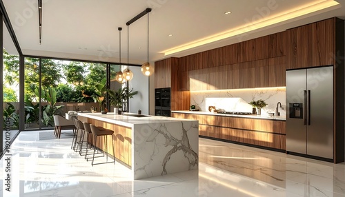 A spacious contemporary kitchen features a marble island with bar seating, warm wood cabinetry, and expansive windows that flood the space with natural light and garden views