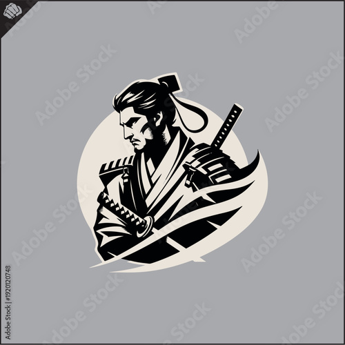 Samurai. Japan warrior whith katana sward. Graphic logo. Vector EPS