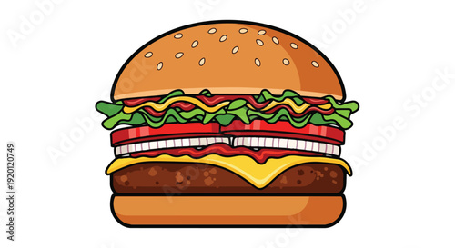 A vibrant cartoon hamburger illustration featuring classic layers of patty cheese vegetables and bun