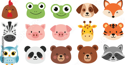 Cute Animal Face Vector Set with Farm and Wild Cartoon Characters Including Frog, Pig, Bear, Fox, Tiger, Panda, Owl, and Giraffe