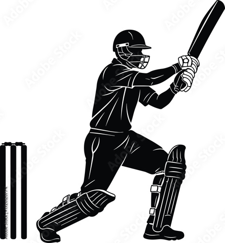 Cricket batsman silhouette illustration showing batting action with helmet, pads, and stumps, ideal for sports design, vector icons, posters, branding, and athletic concepts