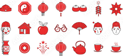 Chinese Traditional Icon Set with Lanterns, Fan, Teapot, Yin Yang, Pagoda, and Cultural Festival Symbols in Red Flat Vector Style