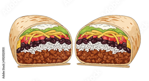 Illustrative depiction of two vibrant, generously filled burritos, halved to reveal their delicious layered contents