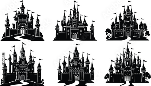 Fantasy medieval castle silhouettes collection with towers, flags and winding paths, fairy tale kingdom architecture, dark fortress illustrations set isolated on white background
