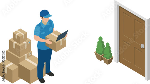 Isometric courier holding parcel and digital tablet at doorstep, home delivery shipping logistics service concept isolated white background