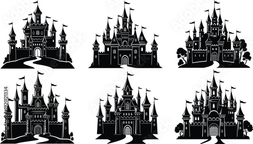 Fantasy medieval castle silhouettes set with towers, flags and winding paths, fairy tale kingdom architecture, dark fortress illustrations, royal palace icons isolated on white background