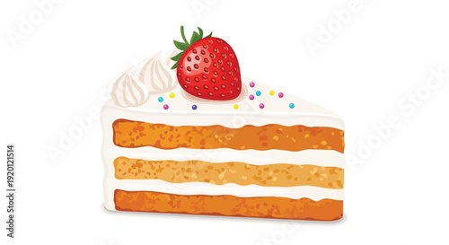 Delicious layered vanilla cake slice adorned with fresh strawberry and colorful sprinkles on top of fluffy whipped cream a perfect sweet treat for