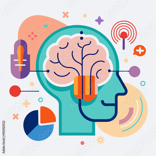 Abstract human head with brain symbolizing ideas and information