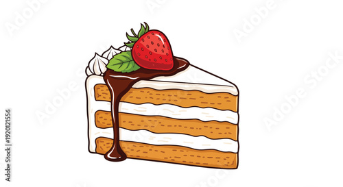 Illustrated slice of layered cake with white frosting, crowned by a ripe strawberry, fresh green leaf, rich chocolate drizzle, and whipped cream, a