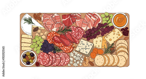 A vibrant charcuterie board with an array of premium meats, cheeses, fruits, nuts, and crackers