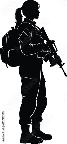 Female soldier silhouette holding rifle in standing profile pose, modern military and armed forces concept, strength, security, defense, isolated black vector illustration