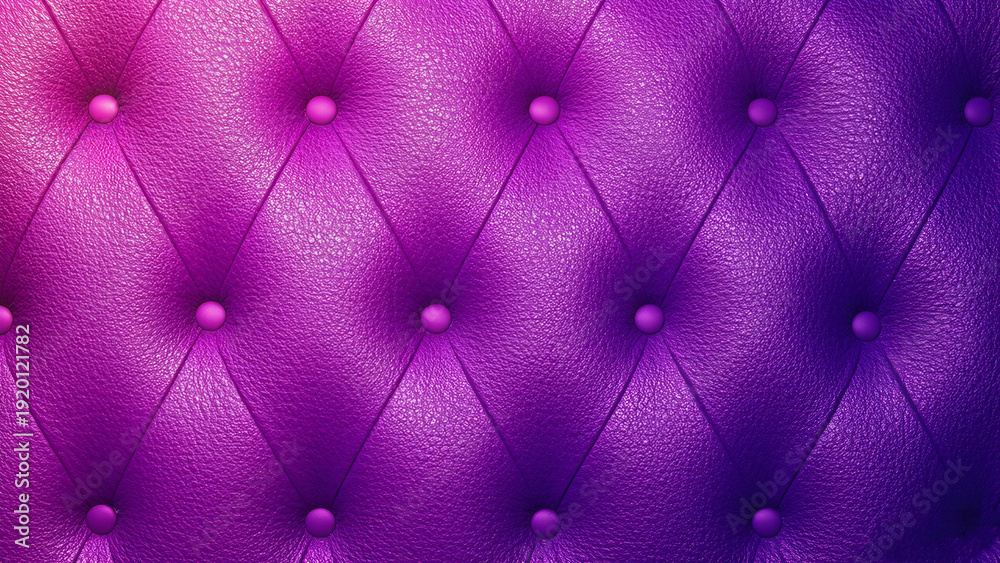 Fototapeta premium A luxurious, deep purple leather surface features a classic diamond-quilted pattern secured by matching buttons, finished with a sophisticated metallic sheen and rich, pebbled tactile texture