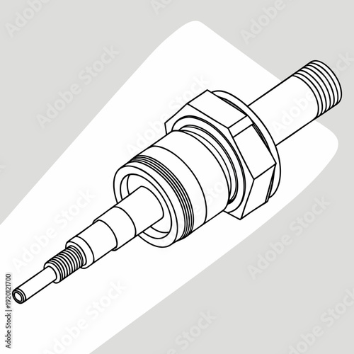 Technical illustration of a plumbing component, a pipe fitting with threaded ends and hexagonal nut for connection, clean line art design