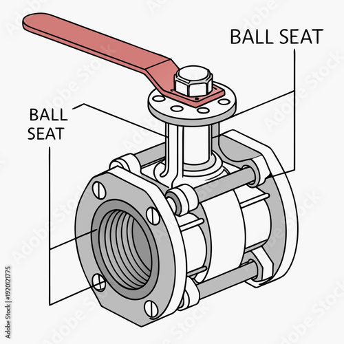 Cutaway illustration of a flanged ball valve with a red lever handle and labeled 'BALL SEAT', indicating internal components for fluid control
