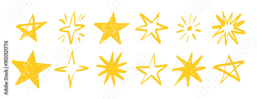 Yellow wax pencil stars set collection doodle hand drawn icon. Outline drawing star line clipart symbol.