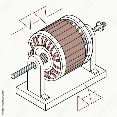 Detailed isometric illustration of an electric motor armature with wound copper coils and a rotating shaft, clean vector art