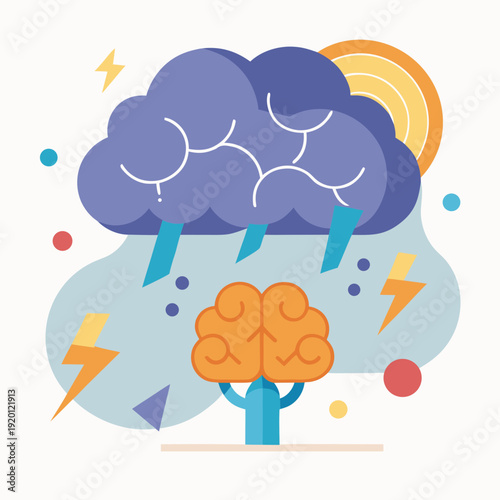 Brain weathering a mental storm with lightning and rain