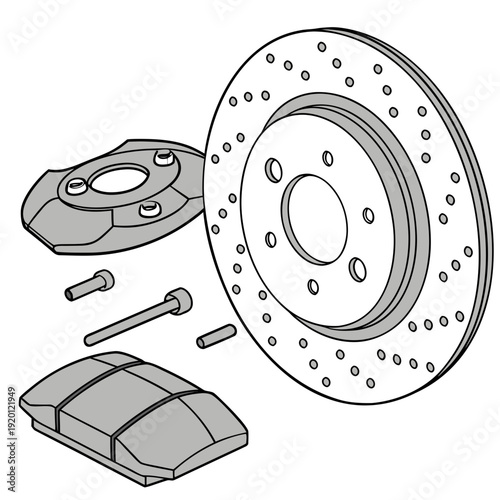 Exploded view of a perforated brake disc, caliper, and brake pads with hardware, illustration