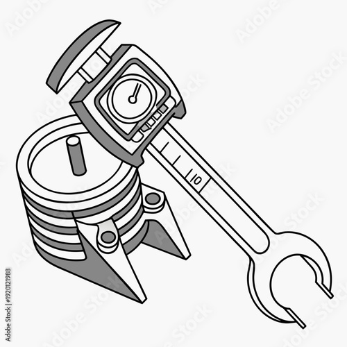 Detailed illustration of a digital caliper measuring a stack of components, representing precision measurement and engineering.