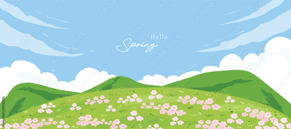 Naklejka premium Spring and Summer landscape background vector set. Nature wallpaper of flower field with blue sky illustration for cover, wall art, decoration.