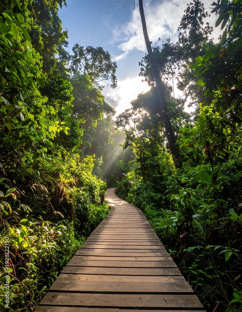 Obraz premium A serene forest path under sunlit skies