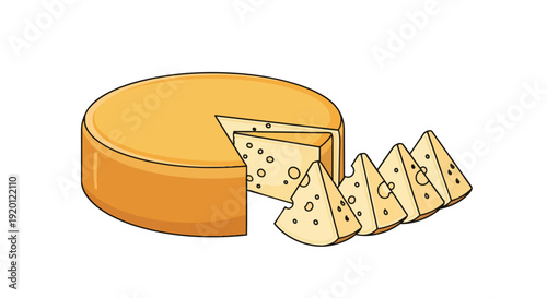 Artistic depiction of a classic round cheese wheel with several neat triangular slices presented alongside a delicious dairy product illustration