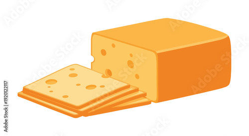 Vibrant vector art of a rectangular block of yellow cheese, expertly sliced into thin, hole-filled pieces, perfect for enhancing food-themed designs