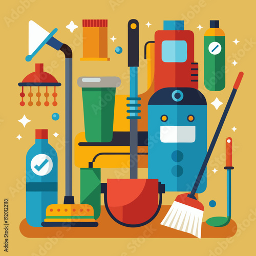 Colorful Collection of Household Cleaning Supplies