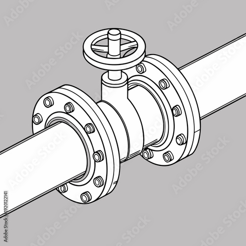 Detailed illustration of industrial pipe with a handwheel valve and flanges, representing control and flow management.