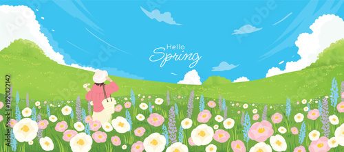 Spring and Summer landscape background vector set. Nature wallpaper of flower field with blue sky  illustration for cover, wall art, decoration.