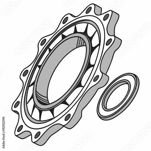 Exploded view illustration of a large industrial gear and a smaller ring, technical drawing of mechanical components, isolated on white background.