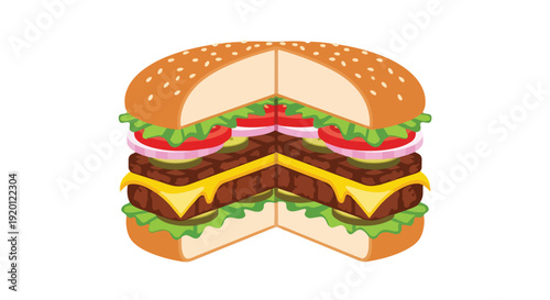Detailed cross-section view of a classic double cheeseburger showcasing its fresh layers of ingredients