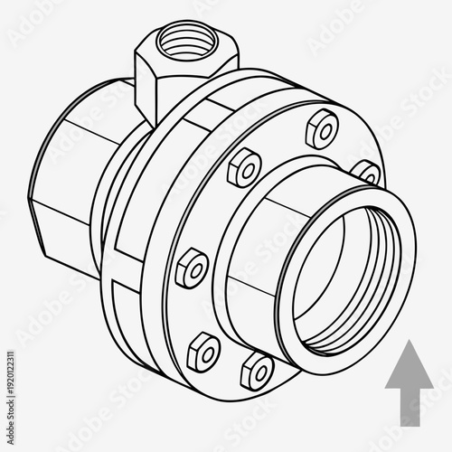 Isometric technical illustration of a pipe flange adapter with bolted connections and threaded outlet, industrial fluid connection component.