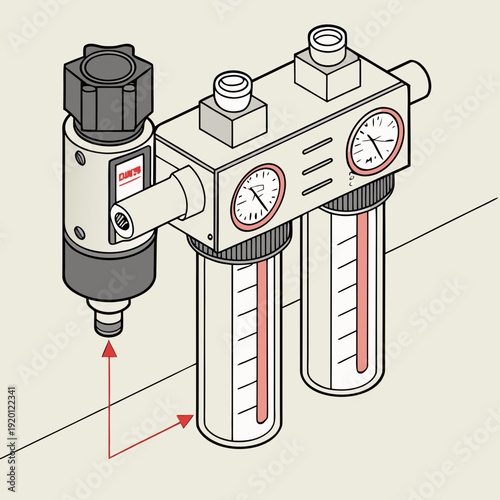Isometric illustration of an air preparation unit with pressure gauges and filter bowls, used in industrial pneumatic systems.