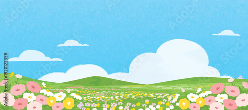Spring and Summer landscape background vector set. Nature wallpaper of flower field with blue sky  illustration for cover, wall art, decoration.
