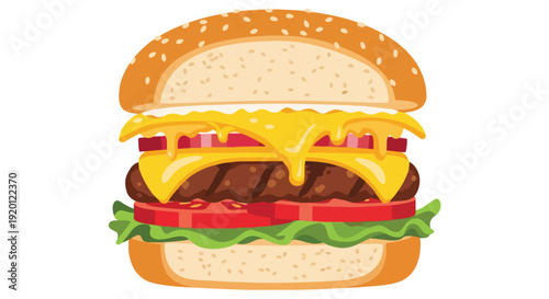 Vibrant cartoon cheeseburger illustration with melted cheese and fresh toppings, ready for a delicious meal.