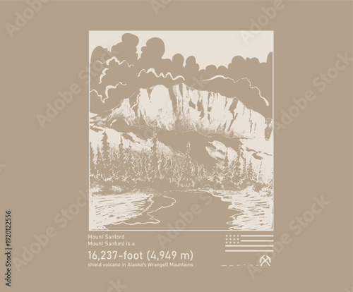 abstract vintage  Mountain tee shirt design. alaska wrangell mountain illustration. adventure mountain artwork. boy's men's graphic artwork.
