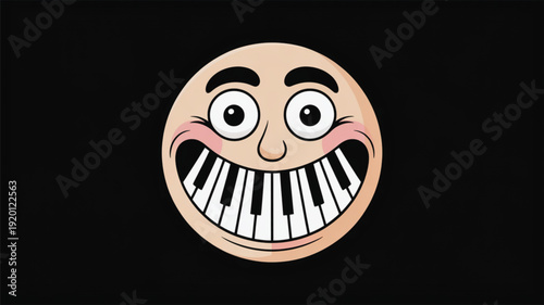 Round face with big grin and piano keyboard teeth black background