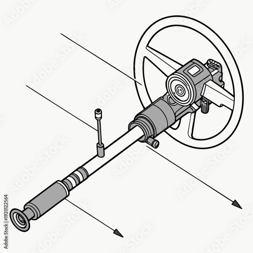 Isometric technical illustration of a steering column assembly with steering wheel and linkage for automotive applications.
