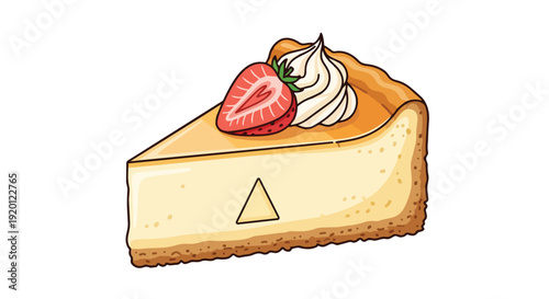 A delightful illustration of creamy cheesecake, topped with a fresh strawberry and fluffy whipped cream.
