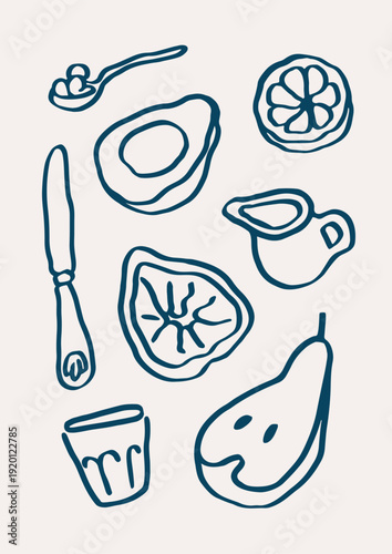 Dolce vita poster design with outline food and drink. Scribble sketch doodle ...