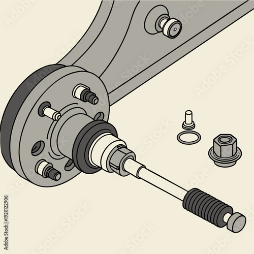 Exploded view illustration of a car's wheel hub assembly with brake disc, bolts, and nut, showcasing mechanical engineering and repair.