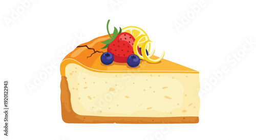 Creamy cheesecake slice illustration with vibrant fresh berries and tangy lemon zest, embodying a delightful dessert experience. Ideal for food