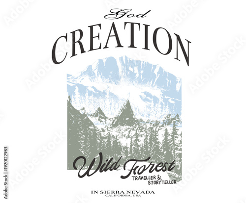 Wild Forest slogan typography with  vintage mountain abstract vector graphic. autumn winter sesonal fashion graphic. perfects for men's, boy's, girl's women's t-shirt design. sweatshirt print design.