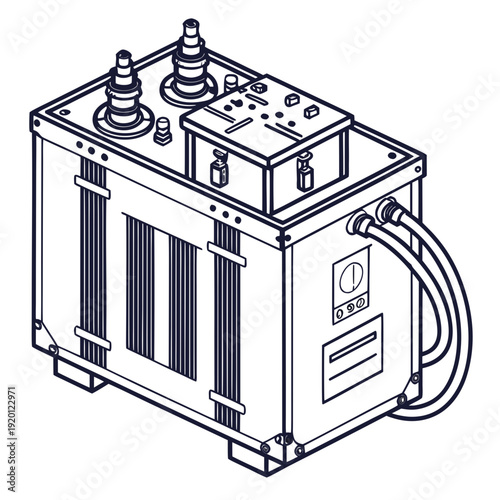 Detailed line illustration of a large industrial electrical transformer with insulators and cables, representing power transmission and energy infrastructure.