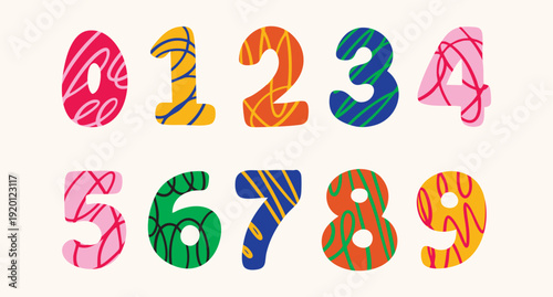 colorful kids numbers vector from 1 to 0 with doodle messy pattern lines. set, doodle hand drawn, for stickers, logos, branding, social media and printable.