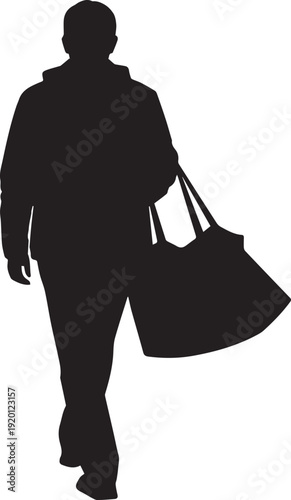 Man walking with large shopping bag silhouette vector illustration back view casual lifestyle
